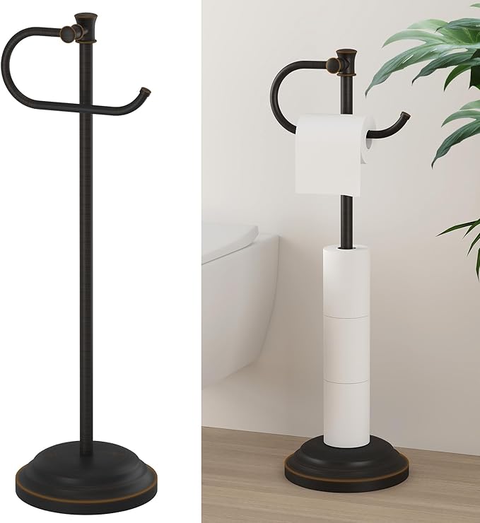 Hoimpro 25" Toilet Paper Holder Free Standing, Floor Bathroom Toilet Paper Tissue Roll Holder with Shelf Stand for 4 Rolls with Storage, Freestanding Handle Hardware Accessories Rack Oil Rubbed Bronze