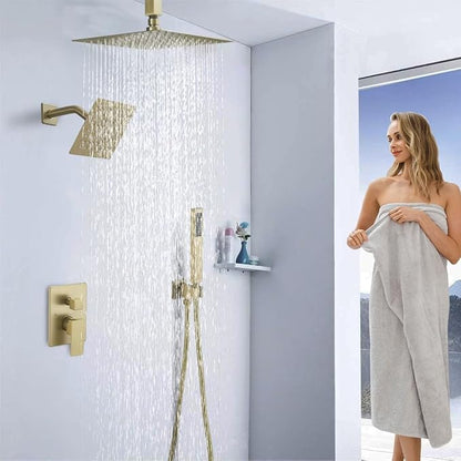 Shower Faucet Set Brushed Gold Shower System, Knob Switch Diverter Shower Faucet with High Pressure Handheld Spray, Ceiling Mount 10 Inch Shower Head with 6 Inch Wall Mount Shower Head