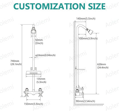 Aolemi Outdoor Shower Kit,Outdoor Shower Fixtures Faucet System with Brass Showerhead,Double Handle Exposed Shower with Brass Mix Valve,6 Inch Center with Soap Dish,Pipe Upward,Polish Chrome