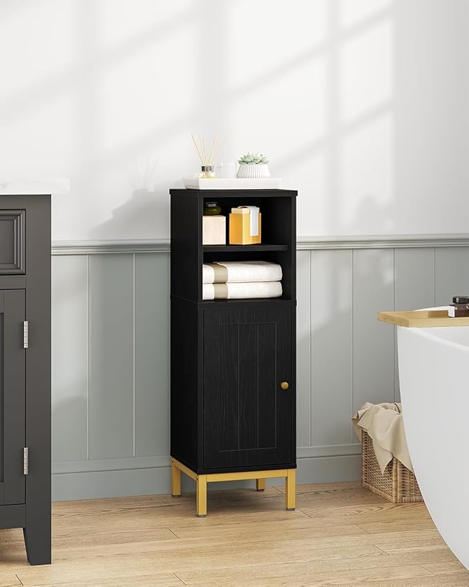 Bathroom Storage Cabinet, Corner Floor Cabinet with Shelves, Customized Door Opening Direction, Bathroom Organizer with Adjustable Shelf for Kitchen, Living, Toilet Paper Cabinet, Black