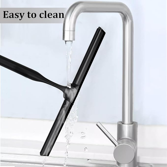 10-Inch Shower Squeegee for Glass Doors, Stainless Steel Shower Squeegee with Shower Door Hook & Adhesive Hook, Multi-Purpose Bathroom Squeegee for Glass, Door, Mirror and Window (Black)