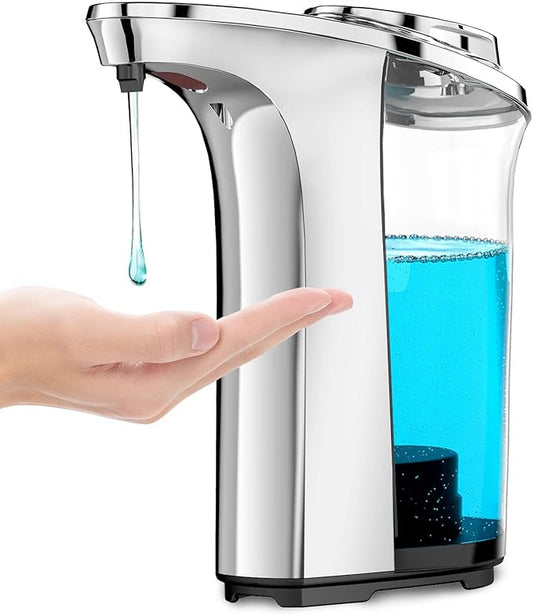 Automatic Soap Dispenser, Touchless Sensor Hand Soap Dispenser 17oz/500ml Silver, Adjustable 5 Dispensing, Refillable Reservoir, Battery Powered for Kitchen & Bathroom