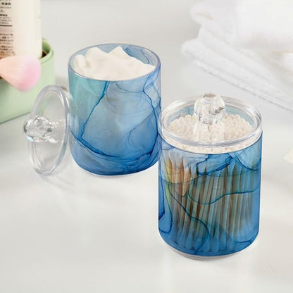 MNSRUU 4 Pack Qtip Holder Organizer Dispenser Blue Marble Fluid Art Bathroom Containers Bathroom Vanity Storage Canister Apothecary Jars for Cotton Swabs/Pads/Floss