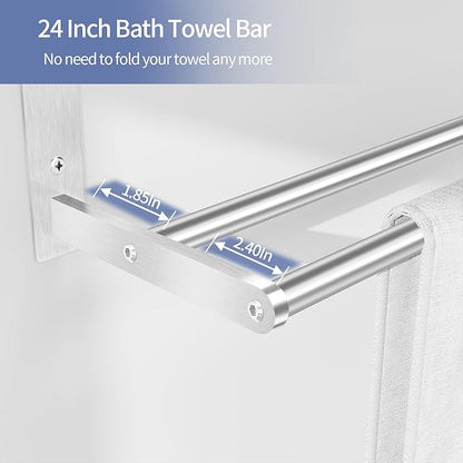 Towel Racks for Bathroom Wall 24 Inch, 3 Tier Bathroom Towel Shelf with Double Towel Bar, Stainless Steel Towel Rack with Towel Shelf, Towel Hanger Holder for Bathroom Towel Storage, Brushed Nickel