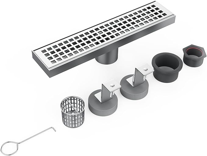 12 Inch Rectangular Shower Floor Drain, Brushed Nickel High Flow Shower Drain Kit with Flange with Hair Filter, Removable Grate Cover, 304 Stainless Steel, Abs Fixing Tray (Brushed)
