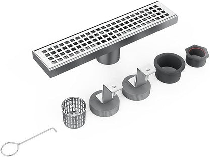 12 Inch Rectangular Shower Floor Drain, Brushed Nickel High Flow Shower Drain Kit with Flange with Hair Filter, Removable Grate Cover, 304 Stainless Steel, Abs Fixing Tray (Brushed)