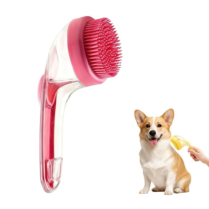 Pet Bath Brush 2 in 1 Dog Shampoo Brush with Built-in Shampoo Dispenser for Long Short Haired Dogs Cats Bubble Maker for Bathing Grooming (Red)