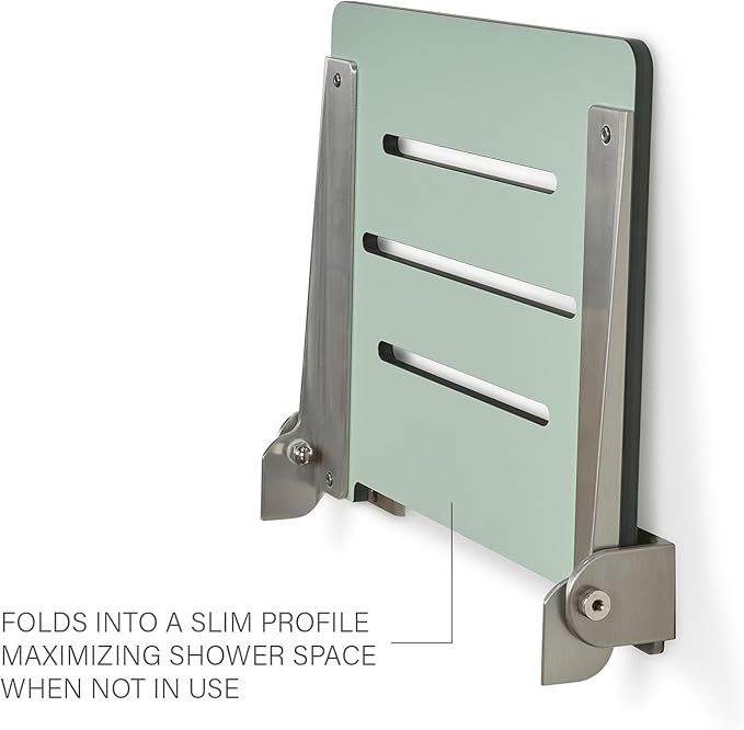 18 inch Silhouette Slimline Folding Wall Mount Shower Bench Seat, Sea Green Seat with Silver Frame