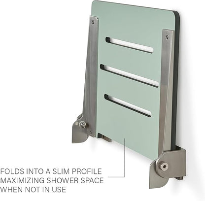 18 inch Silhouette Slimline Folding Wall Mount Shower Bench Seat, Sea Green Seat with Silver Frame