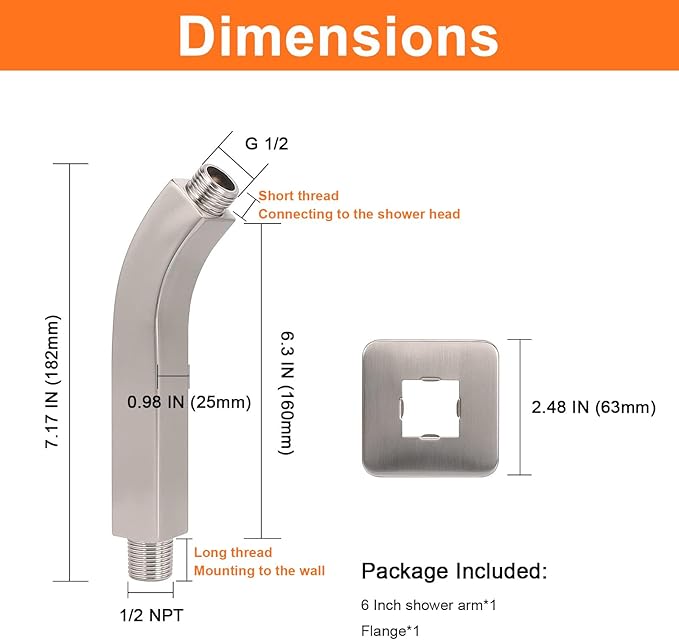 HarJue Shower Arm with Flange and Teflon Tape, Wall Mounted Square Shower Pipe 304 Stainless Steel Extension Arm for Fixed Shower Head & Handheld Shower (6 Inch, Brushed Nickel)