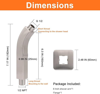 HarJue Shower Arm with Flange and Teflon Tape, Wall Mounted Square Shower Pipe 304 Stainless Steel Extension Arm for Fixed Shower Head & Handheld Shower (6 Inch, Brushed Nickel)