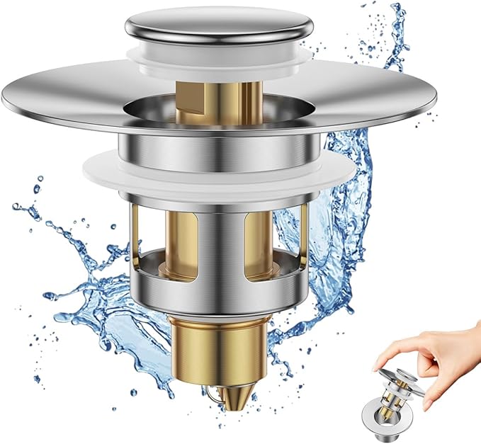 Bathroom Sink Stopper, JOMST Bath Universa Sink Drain Strainer 10,000 Pop-up Test 2 in 1 Fast Drain Anti-Clog Strainer Sink Drain Plug, Brass Bullet Core Sink Plug for 1.1~1.5 in Hair Catcher