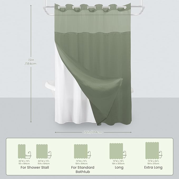 Inhousolu No Hook Shower Curtain with Snap in Fabric Liner Set Waffle Weave 230GSM Weighted Hem, Waterproof & Washable Bathroom Curtain Spa Luxury with Mesh Top Window 72" W x 72" L Sage Green