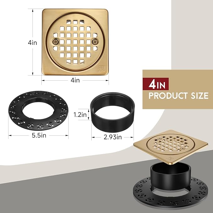 Yaseingo Removable Square Shower Floor Drain Compatible with Schluter Kerdi Drain Flange, 4 Inch Drain Grate Kit SS304 Stainless Steel and ABS Material - CUPC Certification, Champagne Bronze