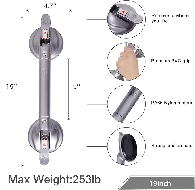 19inch Shower Suction Grab Bar, Portable Shower Handle Bar Suction Grip Bar Bathtub Handle with Strong Hold Suction Cup Fitting and Rapid Release for Bathroom(Max Capacity 300lb