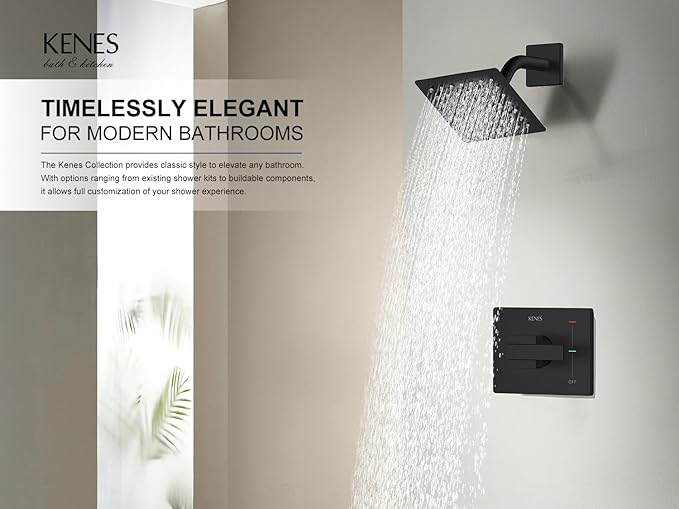 KENES Matte Black Shower Faucet with 6-Inch Shower Head and Handle Set, Square Shower Faucet Set Bathroom Rainfall Shower System Wall Mount, KE-6025B-2 (Shower Valve Included)