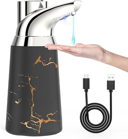 Adjustable Automatic Soap Dispenser Touchless, Ceramic Material，4 Adjustable Levels， Type-c Rechargeable Operated Sensor Liquid Soap Pump，Touch-Free Hand Sanitizer Dispenser (Black Silver)