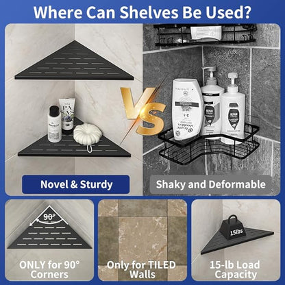Corner Shower Shelf, 12" Matte Black 304 Stainless Steel Slot Design Recessed Corner Shelves 2 Pack Bathroom Grout in Shelf for Tiled Wall, Large Size