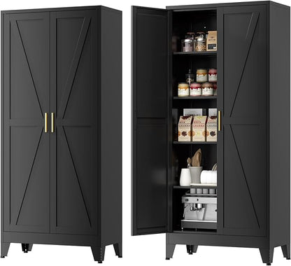 71" Metal Storage Cabinet - 5-Tier Heavy-Duty Pantry Cabinet with Adjustable Shelves & Barn Doors for Kitchen Garage, Black