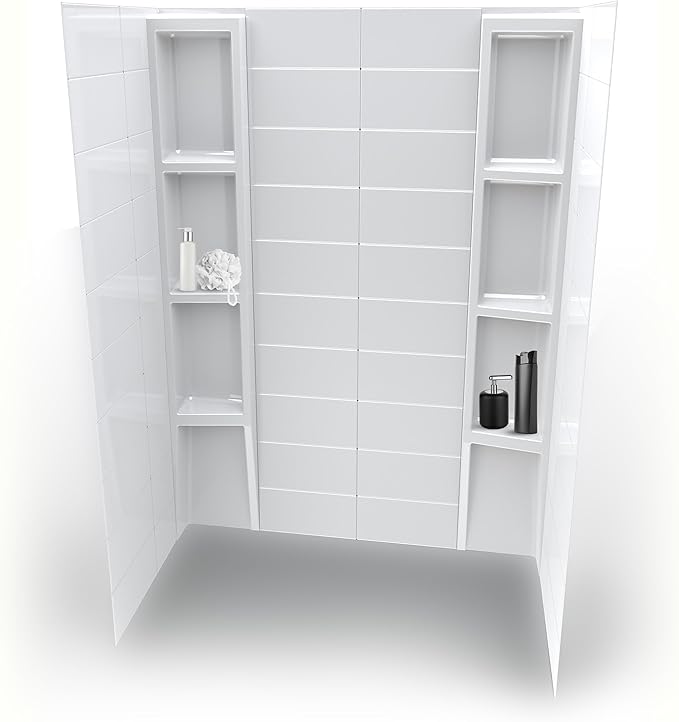 White Acrylic Shower Wall Surround 36"x 60"x 80" - Waterproof, Easy-to-Install, Two Shelf Units Kit Included - Shower Wall Surround Panels - Stacked Tiles Pattern, Classic Shelves