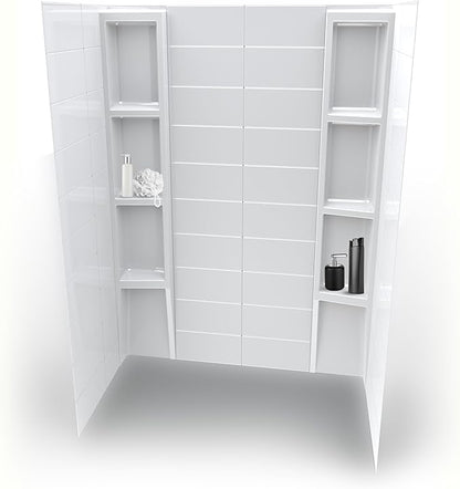 White Acrylic Shower Wall Surround 36"x 60"x 80" - Waterproof, Easy-to-Install, Two Shelf Units Kit Included - Shower Wall Surround Panels - Stacked Tiles Pattern, Classic Shelves