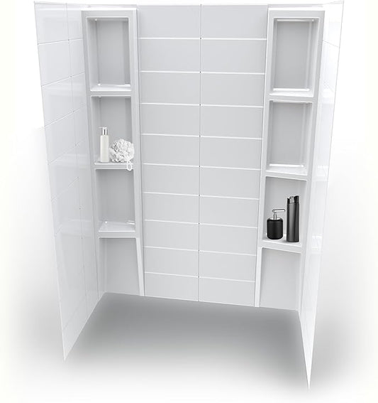 White Acrylic Shower Wall Surround 36"x 60"x 80" - Waterproof, Easy-to-Install, Two Shelf Units Kit Included - Shower Wall Surround Panels - Stacked Tiles Pattern, Classic Shelves