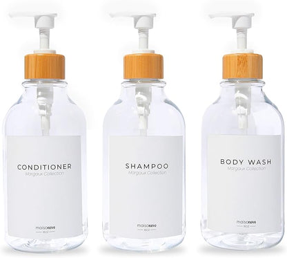 MaisoNovo Refillable Shampoo and Conditioner Bottles | 16.9 fl oz Set of 3 Clear Plastic Bottles White Bamboo Pumps