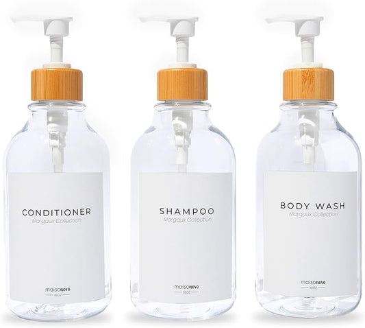 MaisoNovo Refillable Shampoo and Conditioner Bottles | 16.9 fl oz Set of 3 Clear Plastic Bottles White Bamboo Pumps