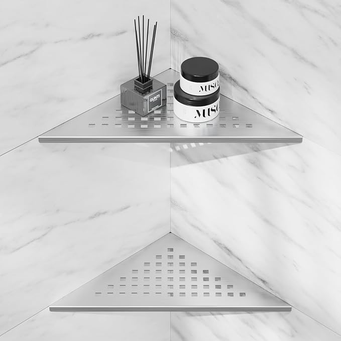 Corner Shower Shelf 10" Slot Design Bathroom Shelves for Tiled Wall, 304 Stainless Steel Recessed Organizer Corner Shelves for Inside Shower Decor, 2 Pack, Silver (Square)