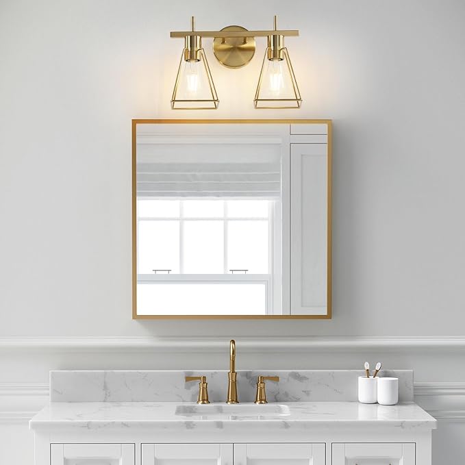 Industrial Bathroom Vanity Lights: 2-Lights Brush Gold Vintage Metal Cage Wall Sconces - Rustic Farmhouse Lightning Fixture Over Mirrors Cabinet for Dressing Hallway