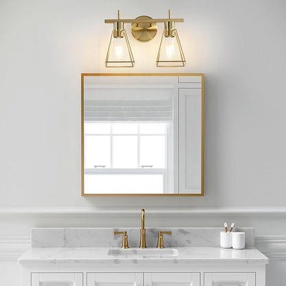Industrial Bathroom Vanity Lights: 2-Lights Brush Gold Vintage Metal Cage Wall Sconces - Rustic Farmhouse Lightning Fixture Over Mirrors Cabinet for Dressing Hallway