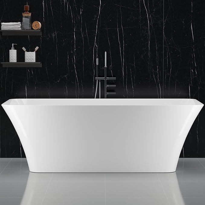 59 Inch Acrylic Soaking Bathtub, Modern Stand Alone Tub for Adults with Sloped Backrest, Chrome Drain & Overflow, cUPC Certified, Easy Installation, White Oval Bath
