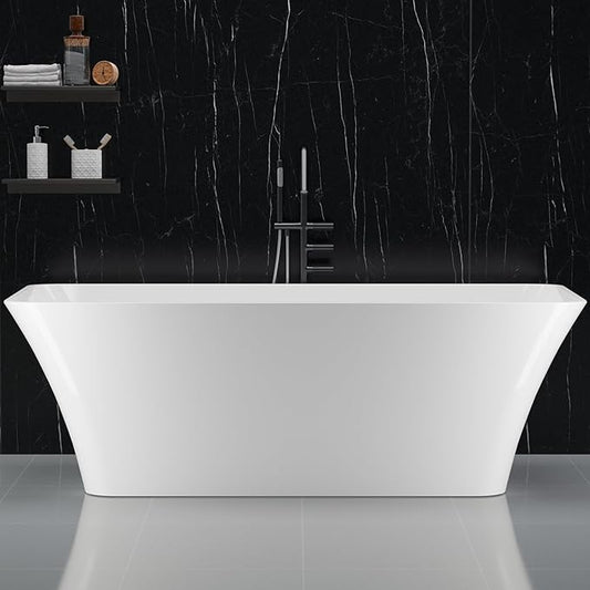 59 in Acrylic Freestanding Bathtub, Deep Soaking Tub with Non-Slip Base, cUPC Certified Free Standing Tub, Chrome Drain Bath Tub, Modern Tub for Bathrooms, White