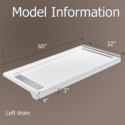 MORVANO 32 x 60 Shower Base with Left Drain Removable Stainless Cover,Shower Pan Kit Non-Slip in White