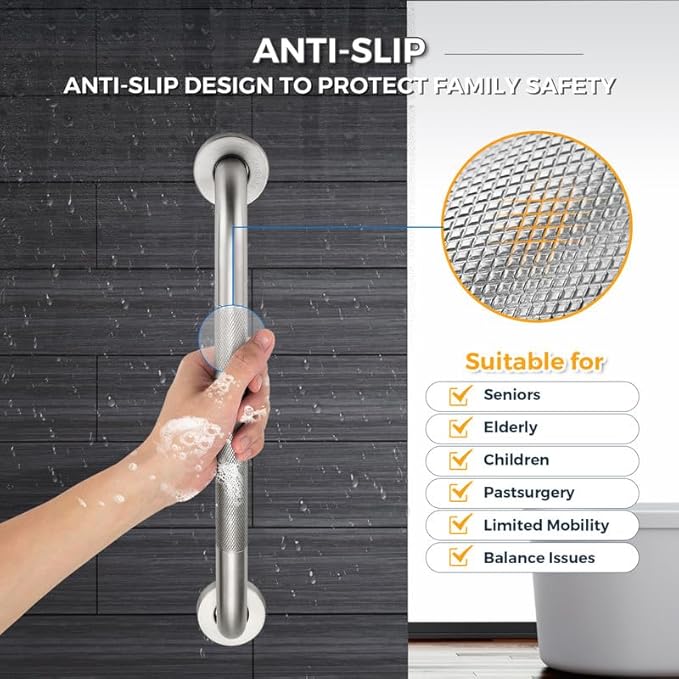 Grab Bars for Shower, 1 Pack 16-Inch Anti Slip Shower Handles for Elderly, Safety Shower Grab Bar, Stainless Steel Handicap Grab Bars for Bathroom,Toilet (Brushed Nickel, 1" Diameter)