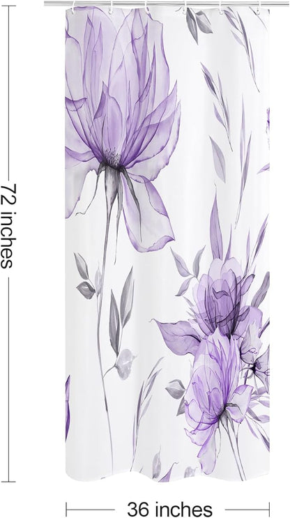 Small Stall Boho Watercolor Floral Shower Curtain 36 x 72, Purple and Grey Ink Painting Style Flower Shower Curtains for Chic Elegant Bathroom, Artistic Narrow Half Size Shower Curtain