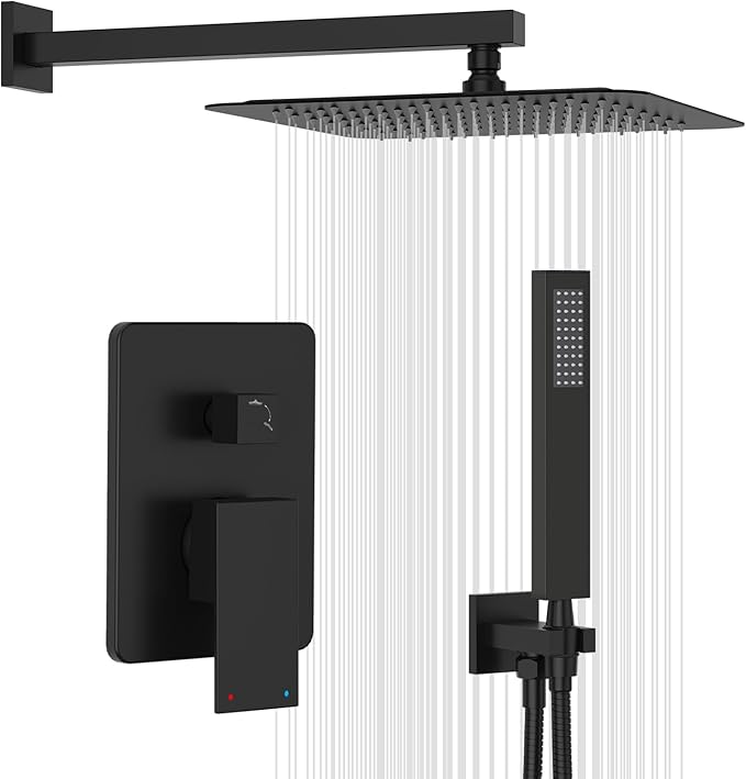 Gabrylly Shower System Black, Rainfall Shower Faucet Set Complete, 12" High-Pressure Stainless Steel Rain Showerhead with handheld Shower Spray Combo, 2 Way Valve Included, Matte Black