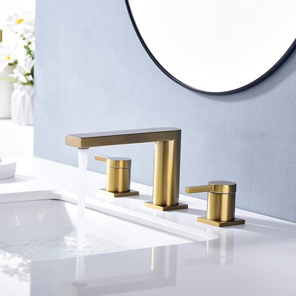 Luxury Brass Widespread Bathroom Sink Faucets with Copper Valve for 3 Hole 2-Handle 8 Inch Deck Bathroom Vanity Faucet, &Stainless Steel Pop-up Drain Assembly, Brushed Brass Gold