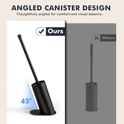 Toilet Brush and Holder Set, Stainless Steel Toilet Bowl Brush with 16.5" Long-Reach Handle, Tilted Canister with Concealed Brush Head & Anti-Splash Shield for Bathroom Cleaning, 1 Spare Head Included