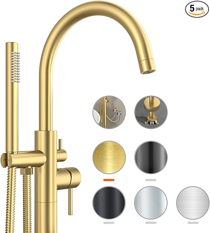 Freestanding Bathtub FaucetFloor Mount Bathtub Filler Shower Mixer Faucet with Handheld Shower Sprayer Swivel, Side Inlet，Gold