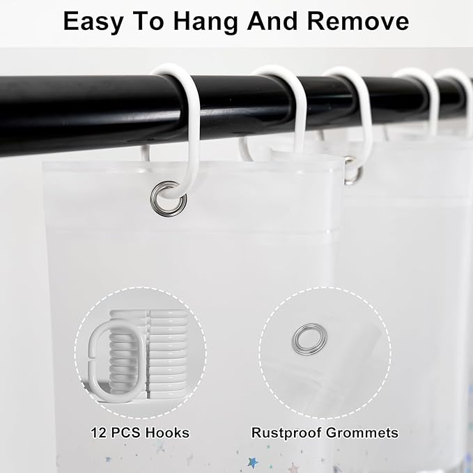 PEVA Shower Curtain, 72 x 72 Water Repellent Premium Bathroom Shower Curtain with 3 Magnetic Weights for Shower Stall, Bathtubs (Star)