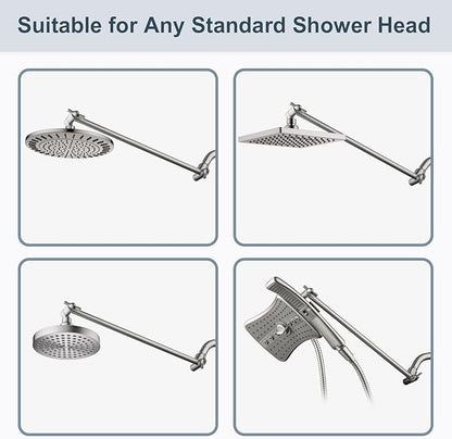 BRIGHT SHOWERS 15 Inch Extra Long Shower Head Extension Arm, Solid Brass Shower Arm Extender with Locking Screw for Rain and Handheld Showerhead, Height & Angle Adjustable, Brushed Nickel
