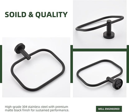 Angle Simple Matte Black Towel Ring Swivel, SUS 304 Stainless Steel Bathroom Hand Towel Holder for Wall Mount