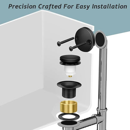 Tip-Toe Bathtub Drain Kit with Two-Hole Overflow Plate, Premium Quality Bath Tub Drain Replacement, Universal Fine/Coarse Thread Bathtub Stopper (Matte Black)