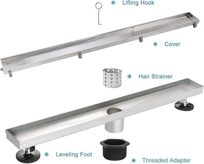 Linear Shower Drain, 40 inch Drain with Tile Insert 2-in-1 Panel, Brushed 304 Stainless Steel Shower Floor Drain, Linear Drain with Hair Strainer and Adjustable Feet