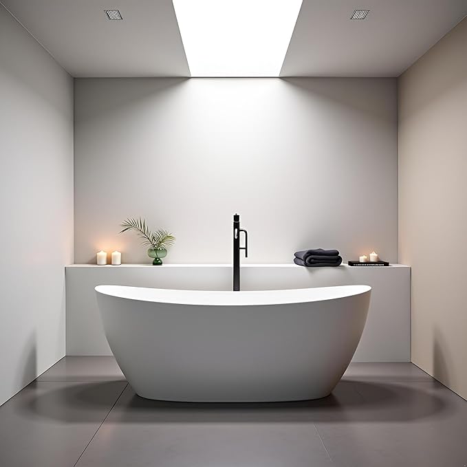 73'' High-back Freestanding Solid Surface Resin Stone Bathtub, Freestanding Tub, Contemporary Design Stand Alone Tub with Pop-up Drain and Overflow, Matte White (Oval)