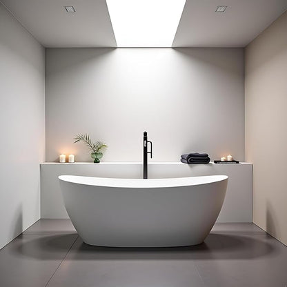 73'' High-back Freestanding Solid Surface Resin Stone Bathtub, Freestanding Tub, Contemporary Design Stand Alone Tub with Pop-up Drain and Overflow, Matte White (Oval)