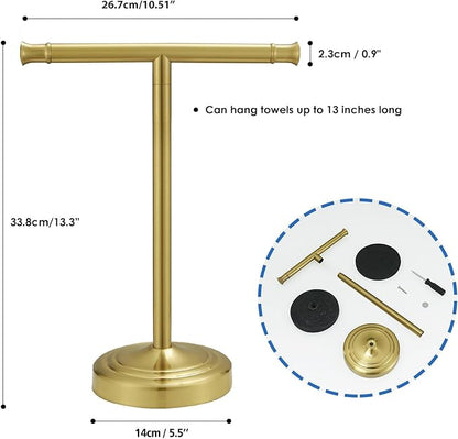 RUMOSE 13 Inch Brushed Gold Towel Stand Hand Towel Holder Bathroom Kitchen Vanity Countertop T-Shape Towel Rack Free Standing Stainless Steel Towel Bar Towel Ring