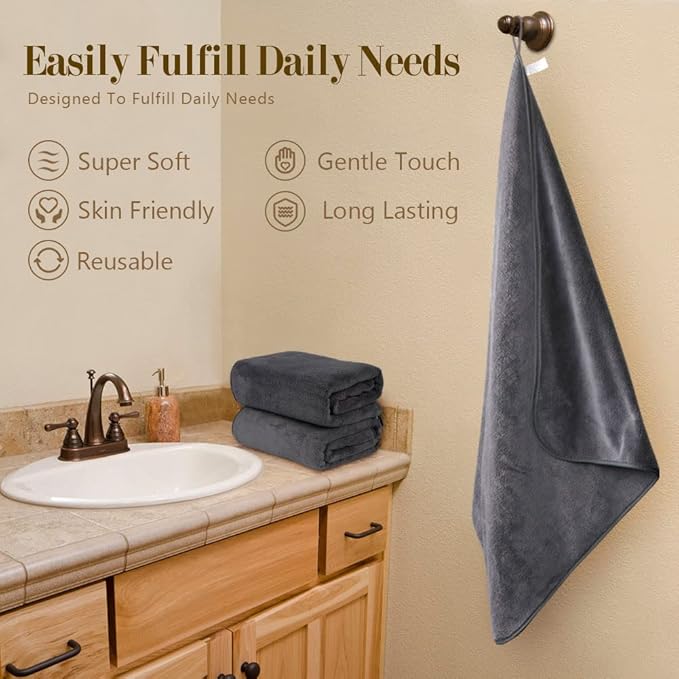 Orighty Bath Towels Pack of 4(27’’ x 54’’) - Soft Feel Bath Towel Sets, Highly Absorbent Microfiber Towels for Body, Quick Drying, Microfiber Towel for Sport, Yoga, SPA, Fitness - Grey