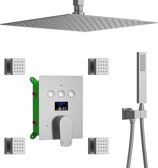 Shower System Brushed Nickel Shower Faucet Set 12 Inch Ceiling Mounted Full Body Shower System with Body Jets, Handheld Spray, Digital Temperature Display Shower Valve